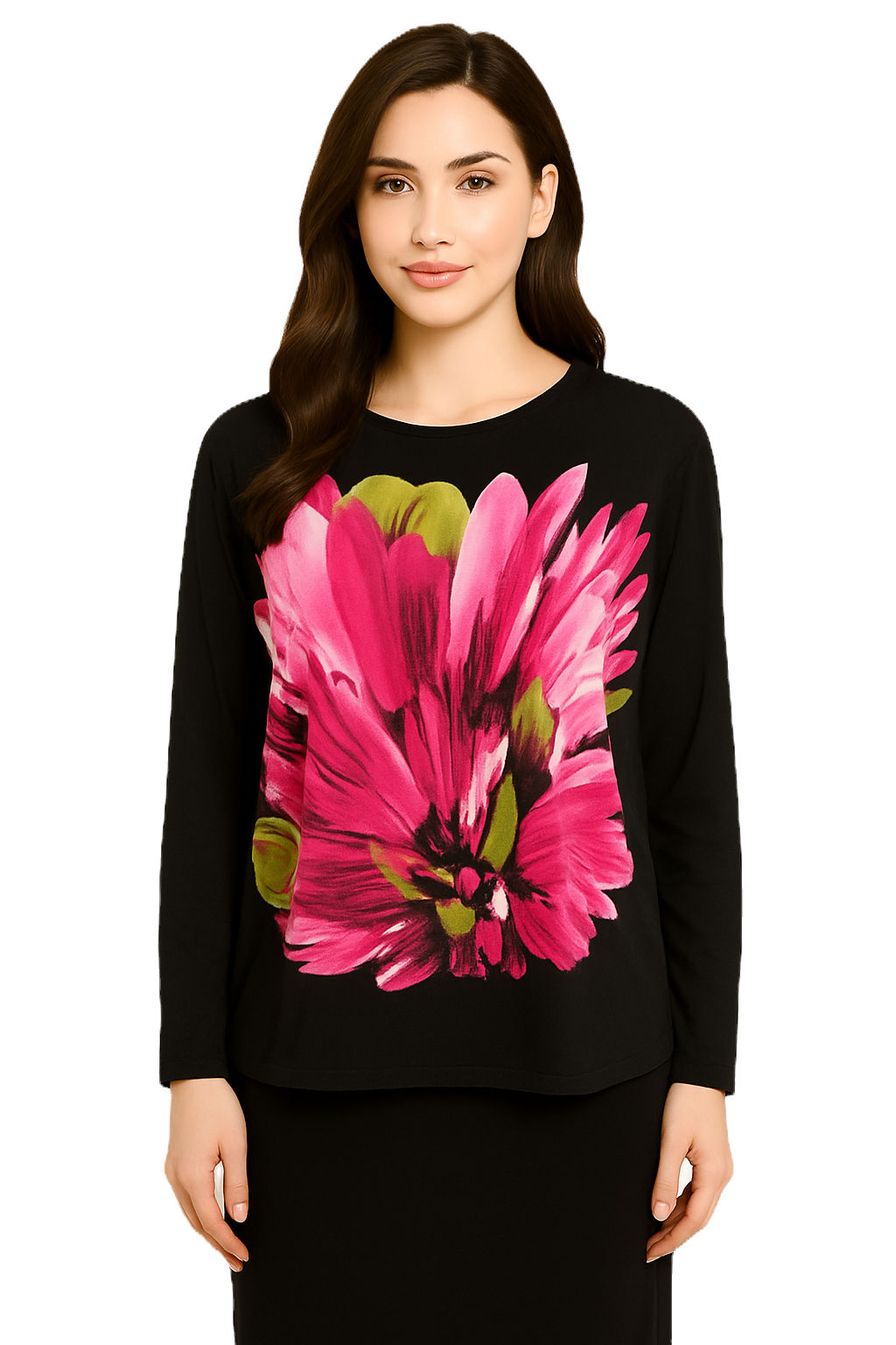 Modest Top Black with Bold Pink Floral Print Plus Size