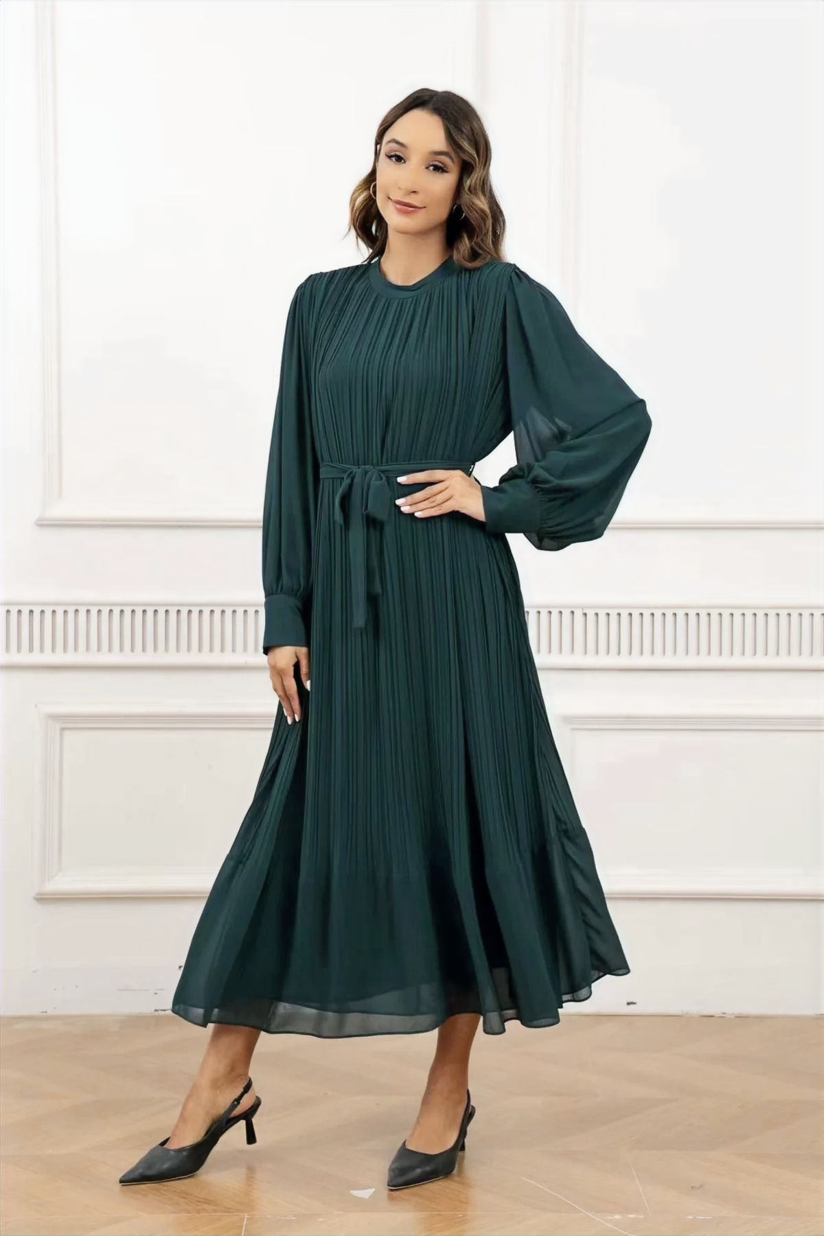 Hunter Green Pleated Midi Dress
