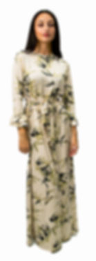 Ivory with green leaves Maxi DressBell Sleeves & Detachable Belt Polyester