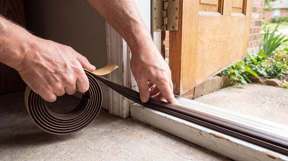 Homeowner installing door weatherstripping to reduce heat gain and improve HVAC energy efficiency