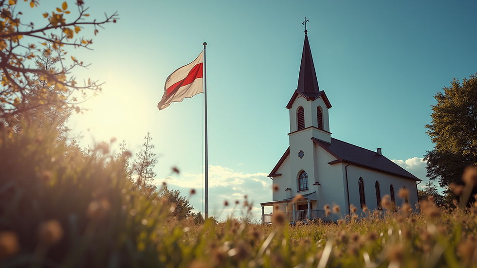 Eye-level view of a church with a national flag in the background