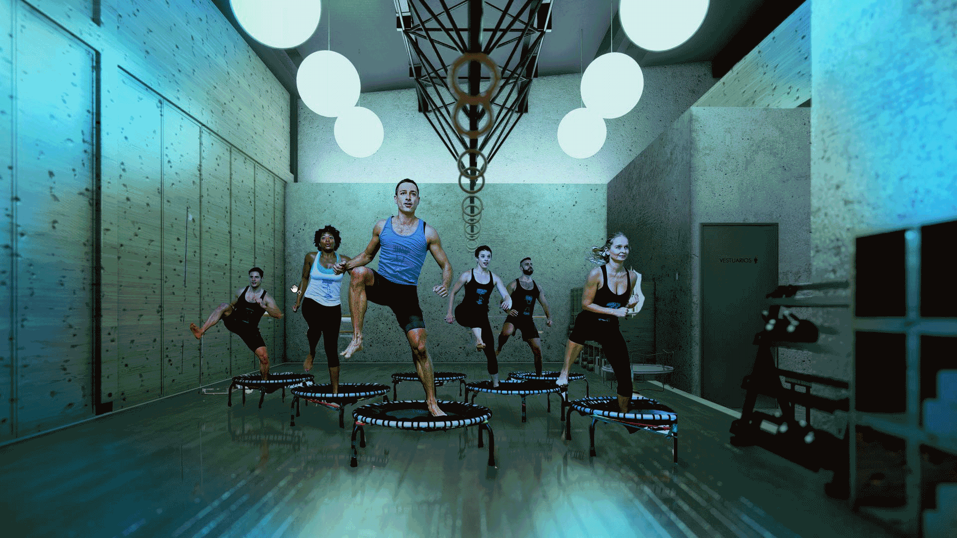 Render interior animado con clase de trampolines de Netra MIX