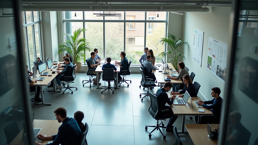 High angle view of a modern office space with employees collaborating
