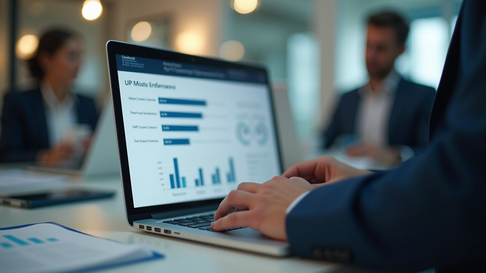 Close-up view of a consultant presenting HR data on a laptop