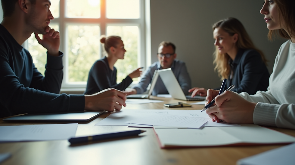 Eye-level view of a team collaborating around a table with laptops and notes