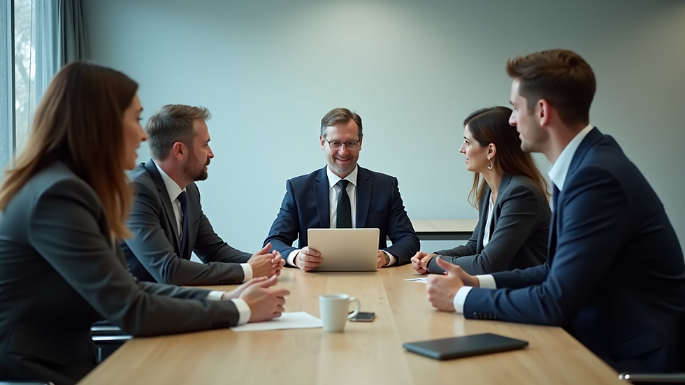 Eye-level view of a manager discussing with team members in a meeting room