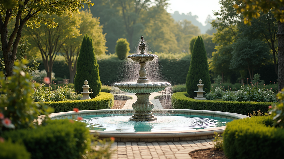 Wide angle view of a serene garden with a fountain