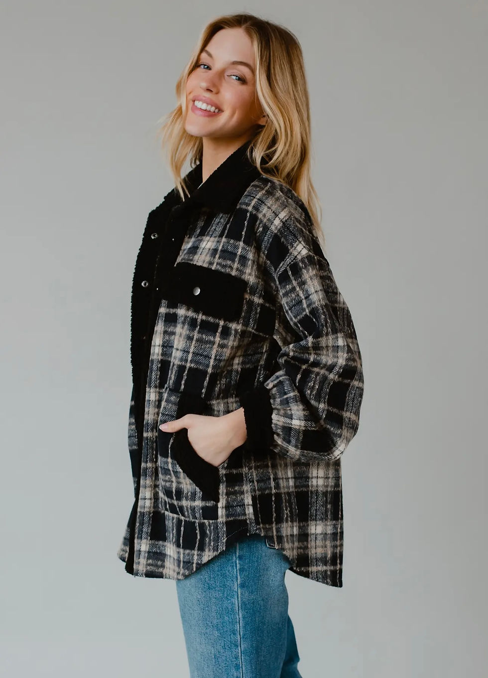 Thumbnail: Navy, Tan, & Black Plaid Shacket