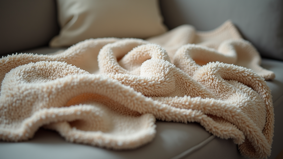 Close-up view of a beautifully crafted chenille blanket on a cozy couch