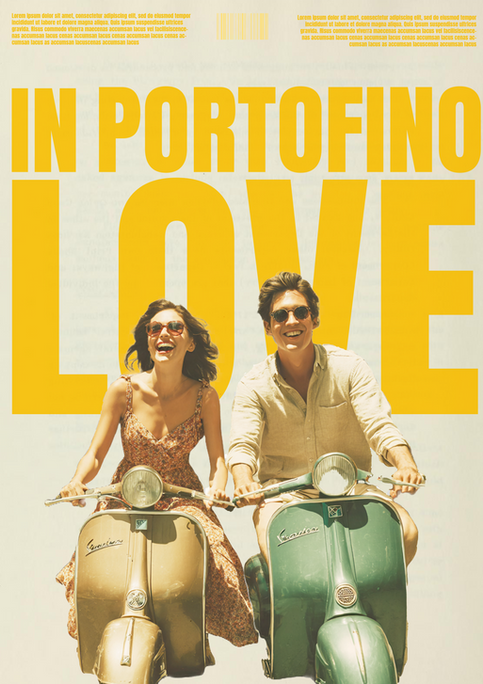 Eine Serie von Retro-Postern inspiriert vom italienischen Lebensgefühl der 60er-Jahre – sonnige Farben, Vintage-Fotografie und markante gelbe Typografie mit Titeln wie „In Portofino Love“, „Amore Mio“ und „Travel Italia“.