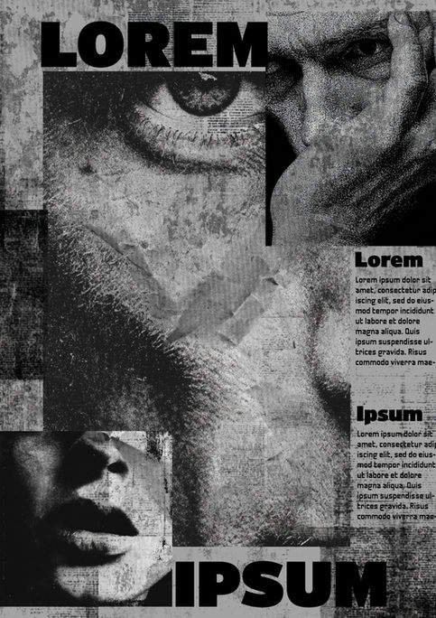 Schwarz-weißes, collageartiges brutalistisches Poster mit fragmentierten Gesichtern und typografischen Elementen, das eine raue, experimentelle Textur und einen konzeptionellen, grafischen Stil zeigt.