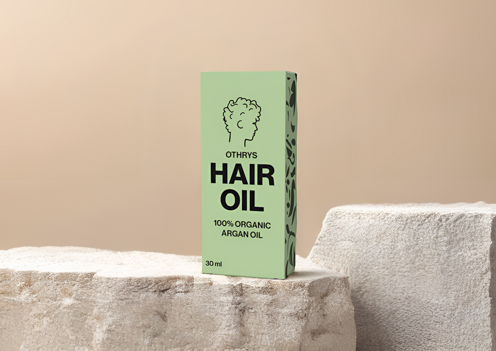 Produktverpackung der fiktiven Marke Othrys für ein „100% Organic Argan Oil Hair Oil“. Hellgrüne Box mit schwarzer Typografie und illustrativem Gesichtssymbol, platziert auf beigen Steinblöcken in minimalistischer Umgebung.