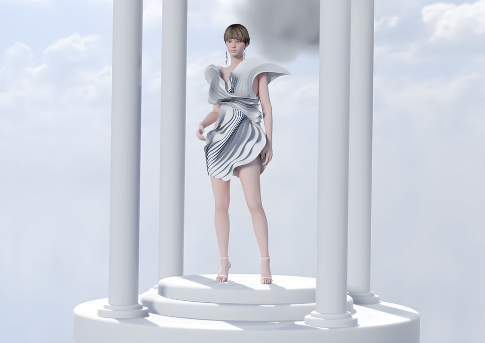 3D-Mode-Design einer weiblichen Figur in einer silbergrauen, skulpturalen Kleid-Silhouette, inszeniert zwischen weißen Säulen in einem minimalistischen, surrealen Raum.