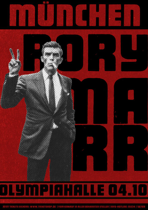 Retro-inspiriertes Konzertposter in Rot und Schwarz mit der Abbildung eines Mannes im Anzug, der das Peace-Zeichen zeigt. Große fette Typografie.