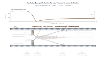Cavitation damage downstream of a pressure-reducing restriction in high differential pressure liquid service