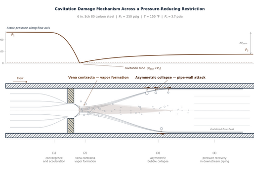 Cavitation damage downstream of a pressure-reducing restriction in high differential pressure liquid service