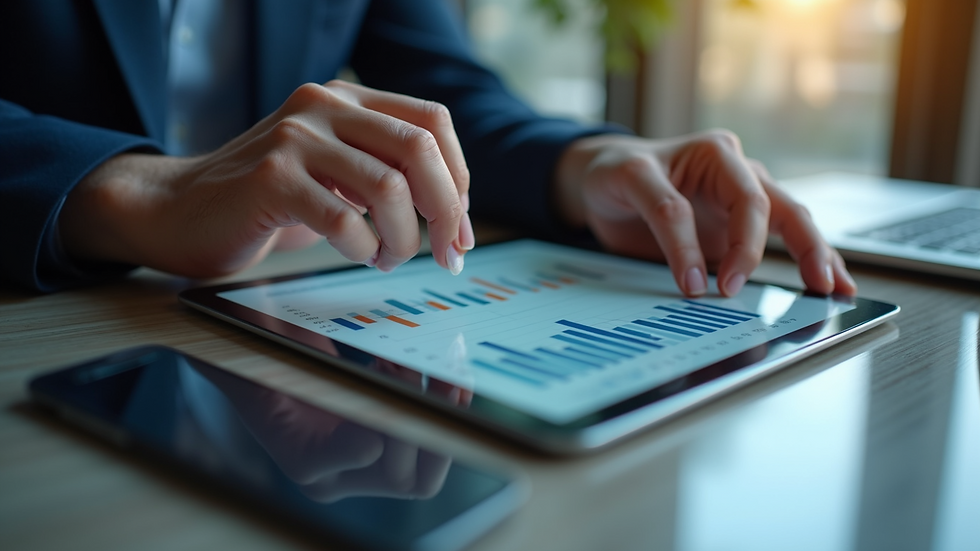 Close-up view of a businessperson analyzing growth charts on a tablet