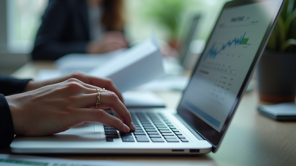Close-up view of hands typing on a laptop keyboard with financial spreadsheets open