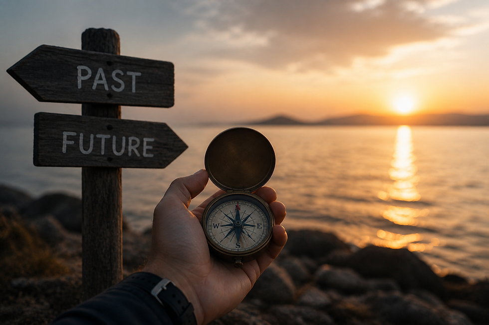 Hand holding a compass near wooden sign with "Past" and "Future." Sunset over water in the background, creating a reflective, introspective mood.