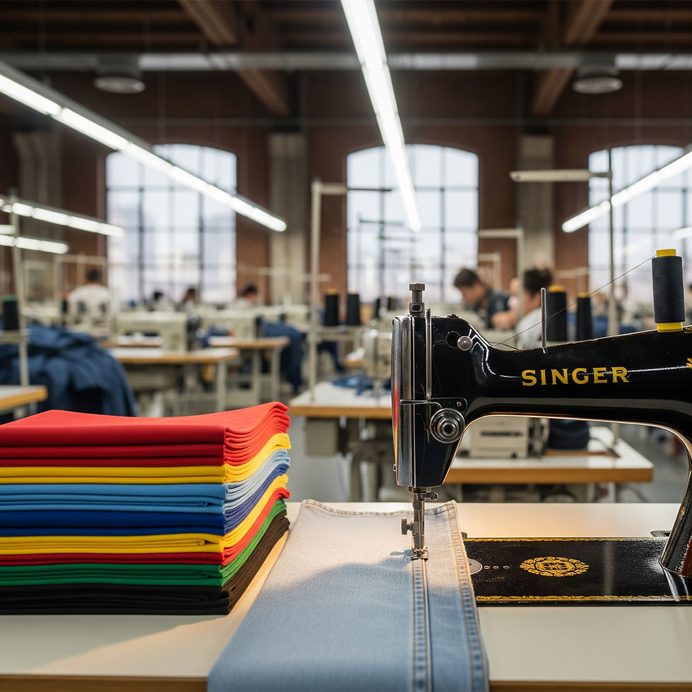 Sewing machine stitching denim in a factory setting. Colorful fabric stack nearby. "SINGER" brand visible. Bright, industrial atmosphere.