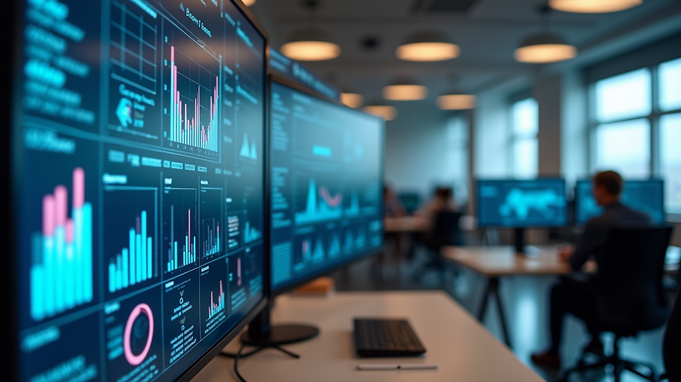 Eye-level view of a modern office with data visualization screens