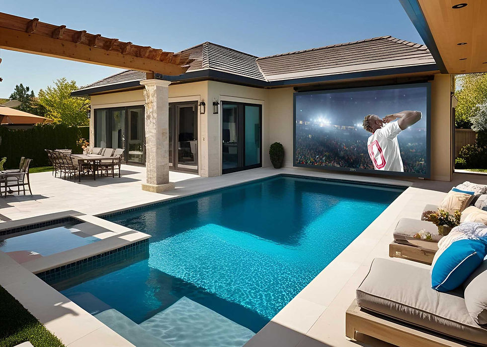 ZION MicroLED outdoor TV installed in a luxury villa with pool, perfect for private outdoor cinema.