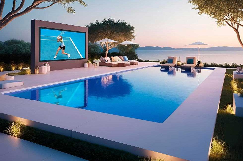 ZION O 2.5 MKII installed in a luxury garden with sea views and a high-end outdoor cinema system.