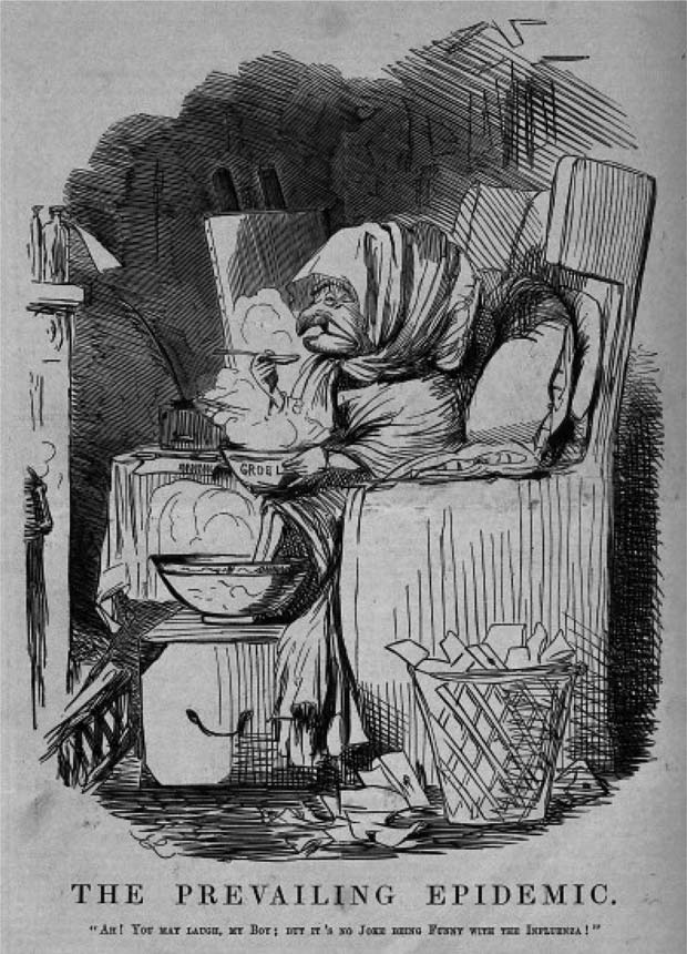 The Prevailing Epidemic. Mr Punch in front of a fire eating gruel: ‘It’s no joke being funny with the influenza’ Punch magazine, c. 1891. Engraving by J. Leech. The cartoon refers to the Russian Flu, the influenza pandemic 1889/1890. Cf. Mark Honigsbaum: The Great Dread. In: Social History of Medicine 23, Nr. 2 (2010), S. 304. From Punch (1891), CC BY-SA 4.0.