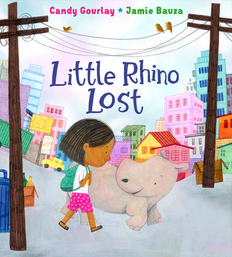 A little Filipino girl is walking with a baby rhinoceros in a busy city. The art is candy coloured. Illustrations by Jamie Bauza and written by Candy Gourlay