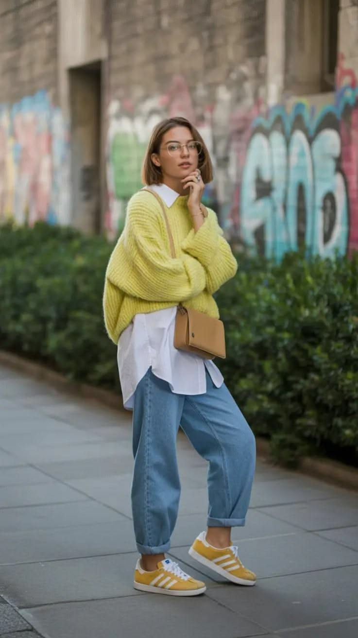 moça vestindo calça barrel, camisa e blusão oversized