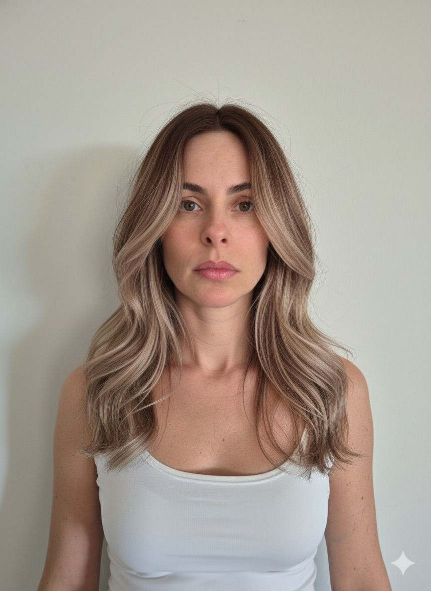 Mulher com cabelo loiro levemente ondulado