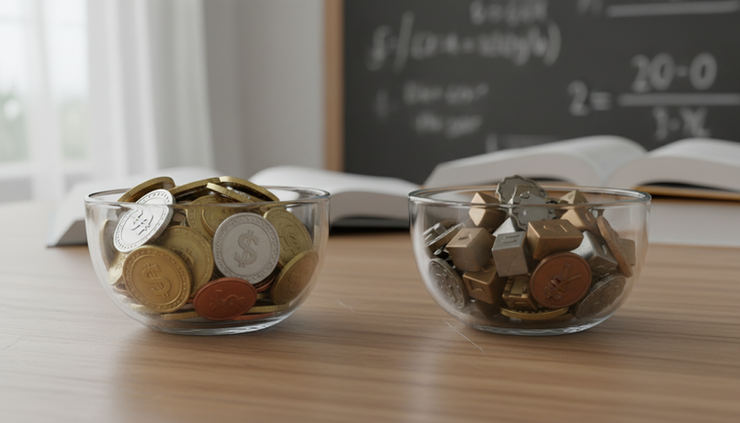 Wide-angle view of clear bowls filled with assorted tokens on a wooden table.