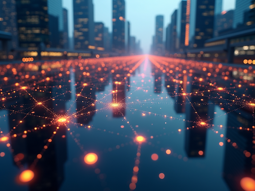 Futuristic-cityscape-depicting-arbitrum-blockchain-with-glowing-nodes-and-interconnected-n