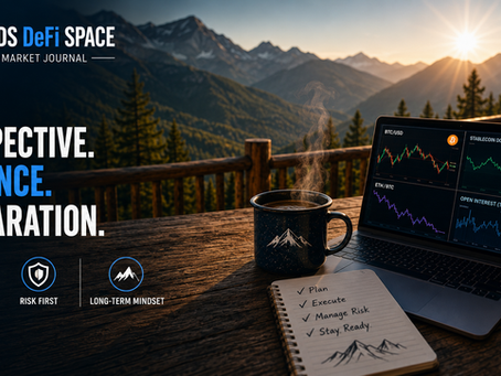 Mountain scene with laptop and defi charts