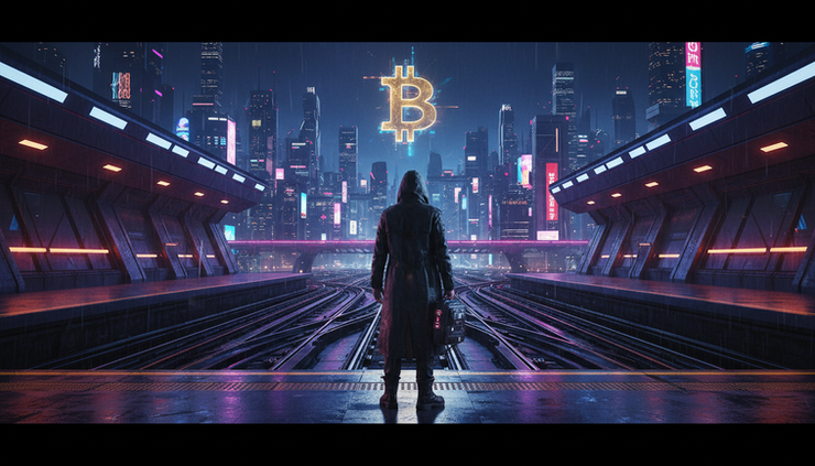 Wide-angle view of a lone traveler standing at a neon train platform with a glowing Bitcoin sign in the distance.