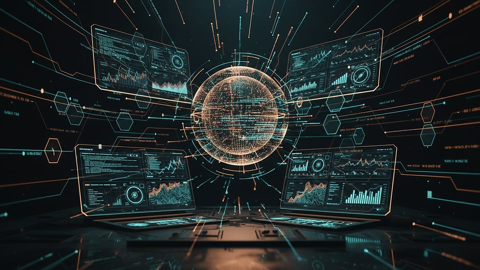 Eye-level view of a digital blockchain network visualization