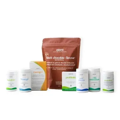 USANA products displayed: seven white supplement bottles with colorful labels and a brown Dutch chocolate flavor packet. Clean white background.
