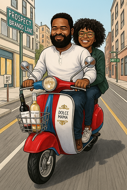 Mother and son ride a scooter with Dolce Mama wines in the basket, heading to the beach at sunset — sweet vibes, sweeter wine