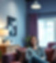 Someone sitting on a sofa in the background of a therapy office, looking calm and at peace