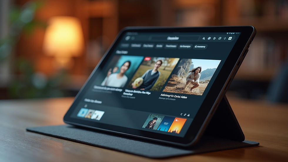 Close-up view of a tablet showing an interactive digital book with multimedia content