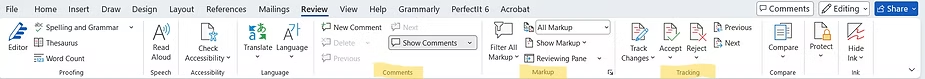 Review tab with Comments, Markup and Tracking groups highlighted