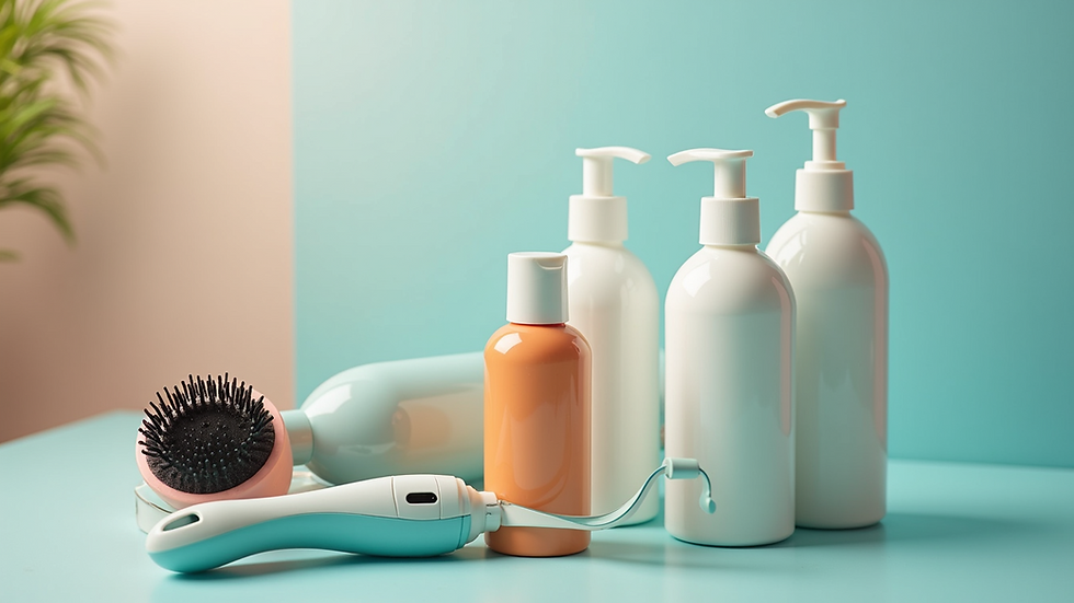 Close-up view of a variety of hair care products including shampoo, conditioner, and styling tools