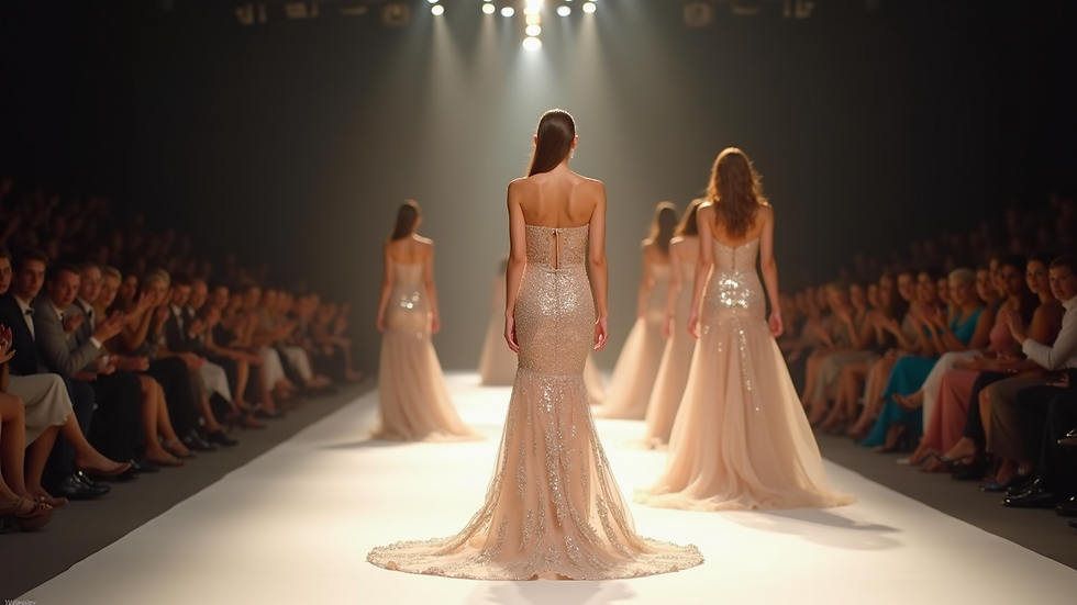 Eye-level view of a luxury fashion runway showcasing elegant evening gowns