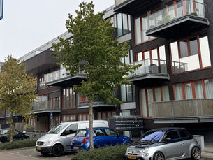 Moderne appartementen met balkons, geparkeerde auto’s en bomen onder een grijze lucht.
