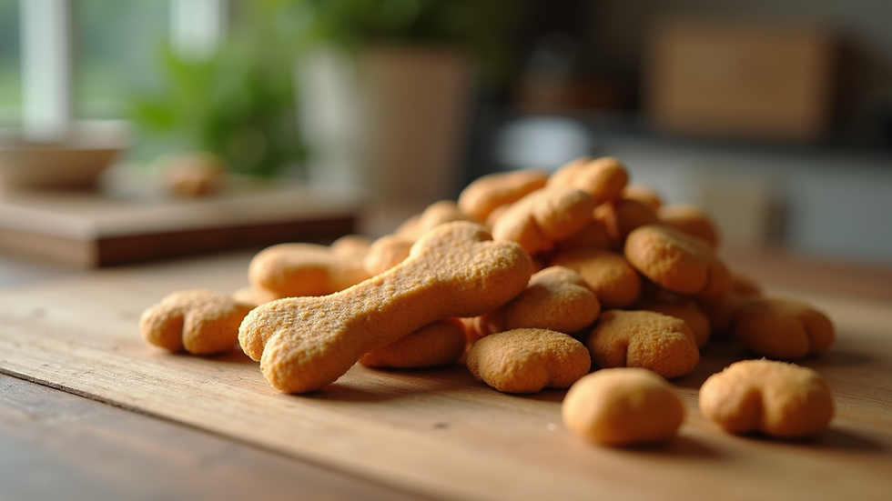 Close-up view of natural dog treats arranged on a wooden table
