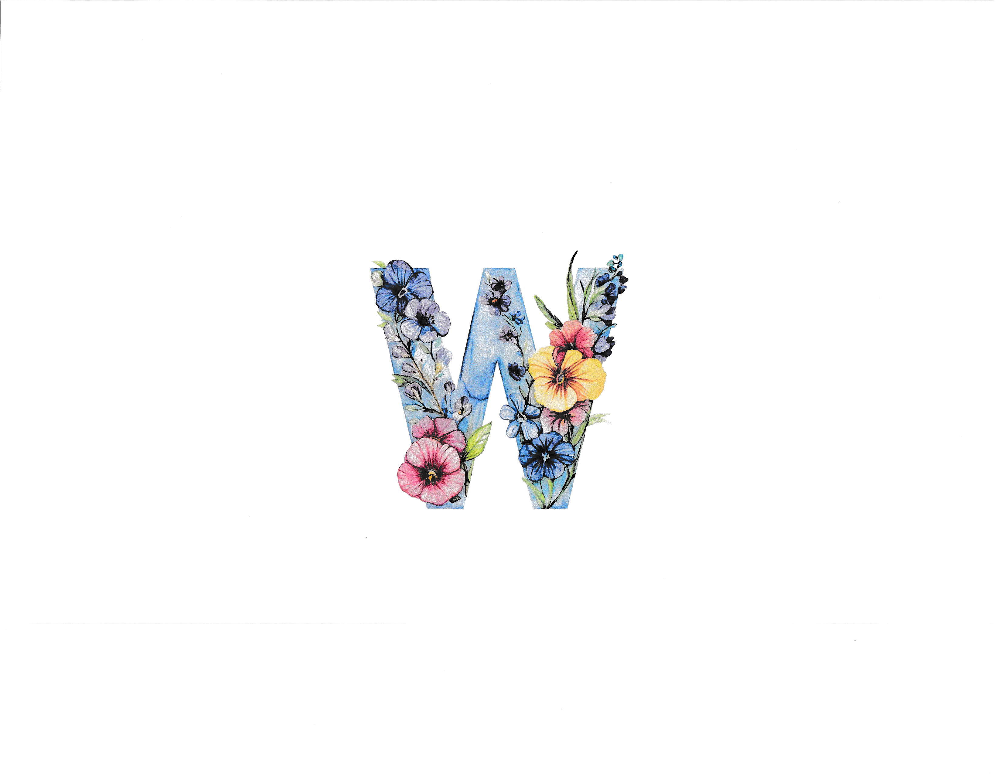 Blue Floral Monogram Art - 'W'