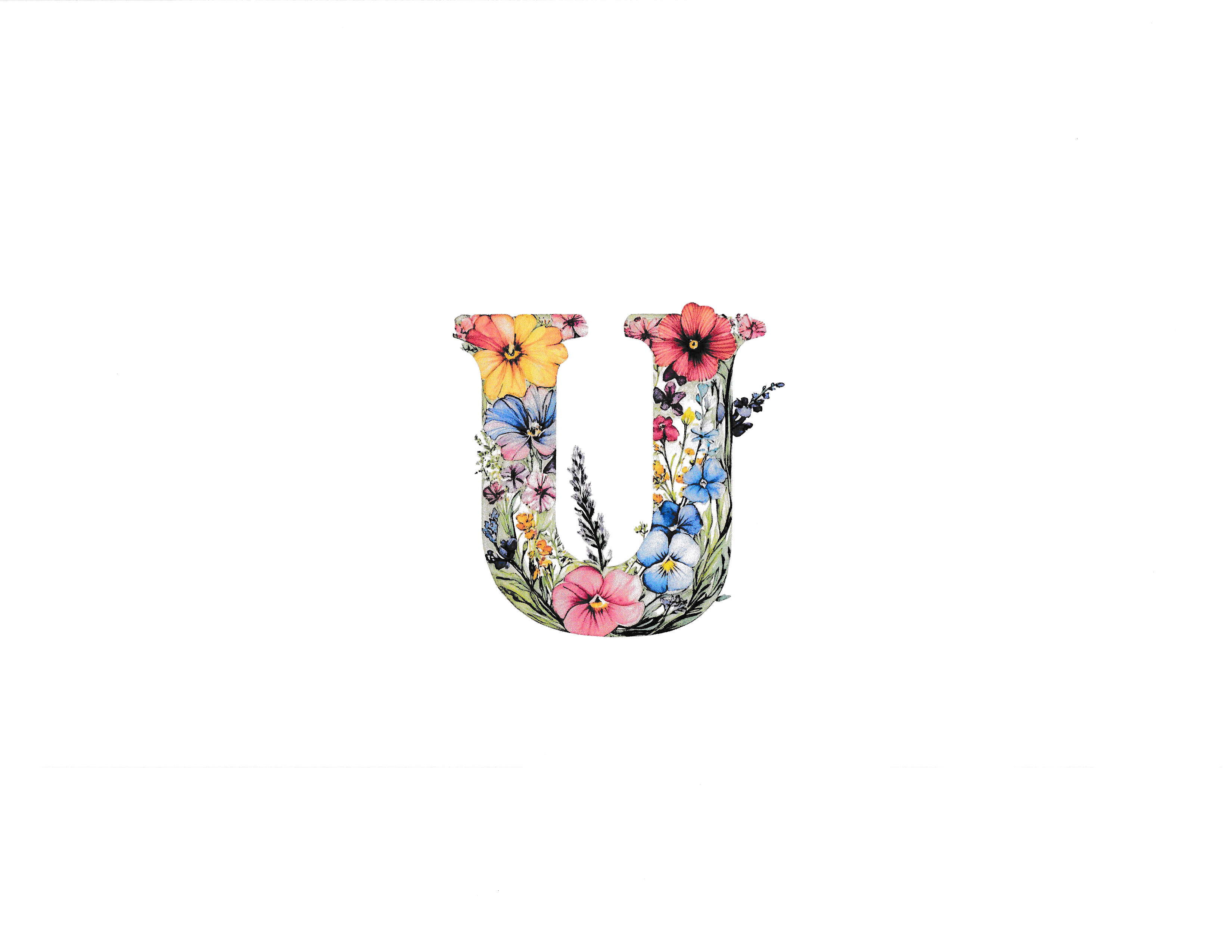 Blue Floral Monogram Art - 'U'