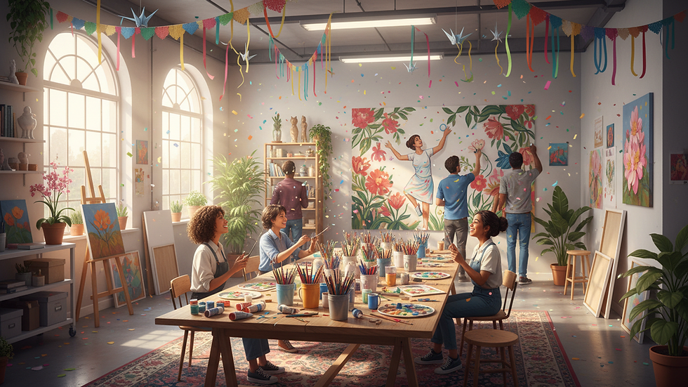 Eye-level view of a peaceful art studio with natural light and art supplies