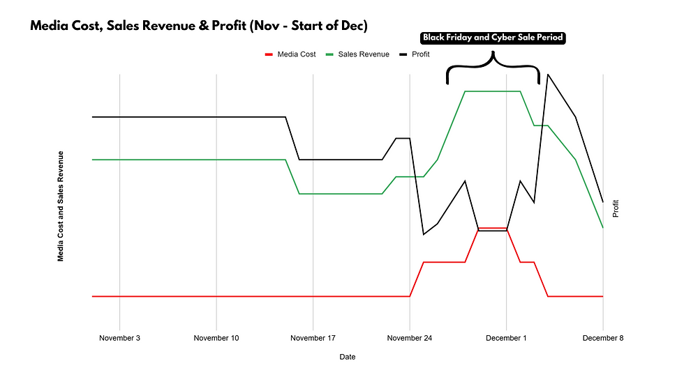 Graph illustrating the impact of Black Friday Sales and Cyber Monday on Media Cost, Sales Revenue and Profit