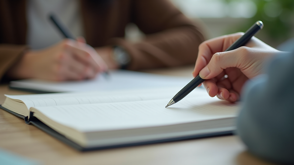 Close-up view of a notebook and pen on a table during a therapy session